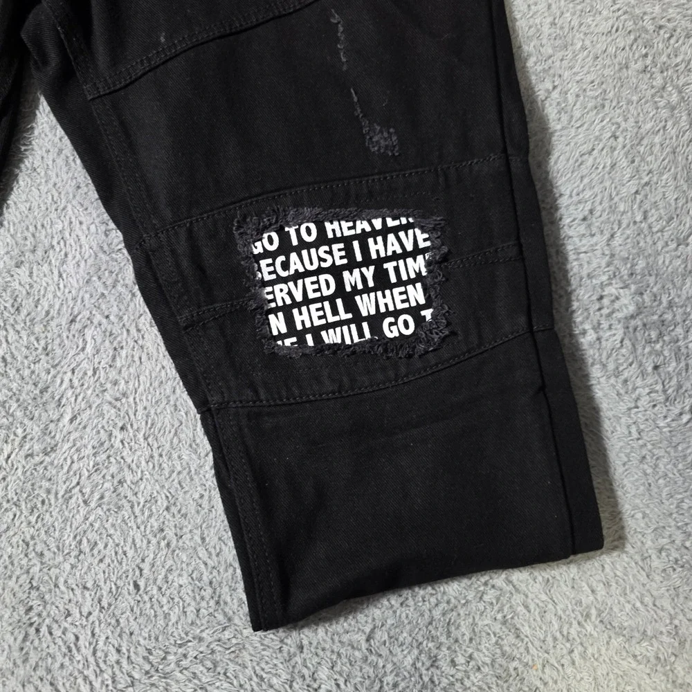 Contender Mens 38x32 Denim Pants Black Distressed Rose Graphic Streetwear Moto
